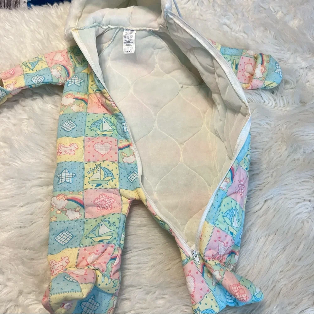 Vintage Baby Bunting Snowsuit 0-6 months Patchwork Pastel Colors Please Read